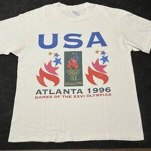 Vintage Atlanta 1996 Olympics 90s Track Field Sport Torch Rings Shirt